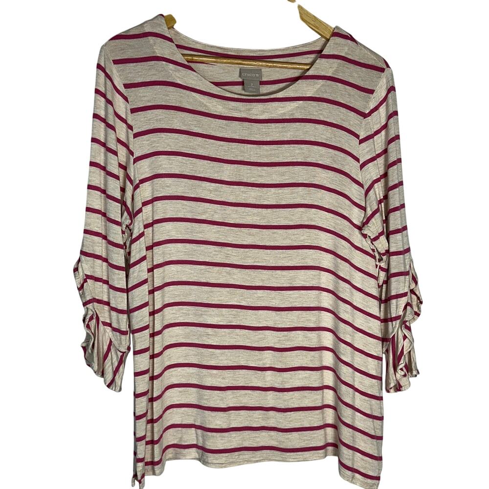 Chicos Shirt Blouse 3/4 Sleeve Womens 2 Womens L Pink Tan Stripe Flutter Sleeve